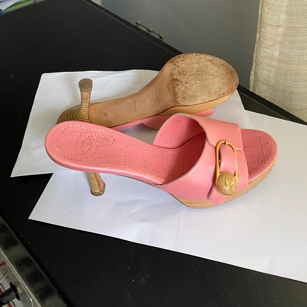 Chanel pink leather mules heels sandals CC l pumps 37-6.5 platforms clogs slides - Picture 7 of 8
